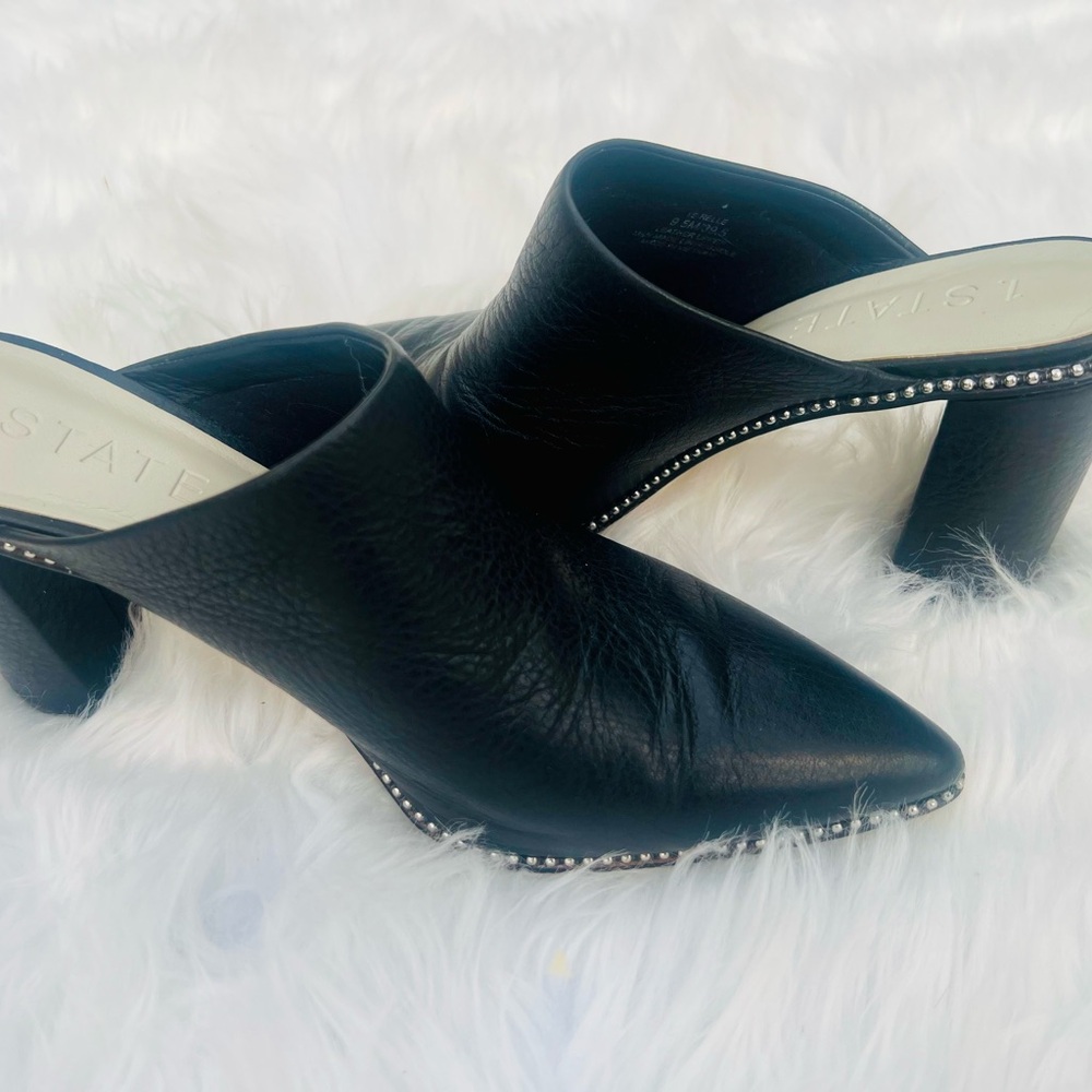 1. State Black Leather Pointed-Toe Stud Trim Mules